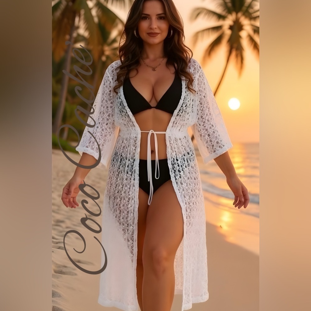 Lace Drawstring Waist Kimono Swimsuit Coverup